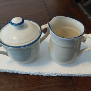 Cream and Blue Ceramic Sugar and Creamer Set